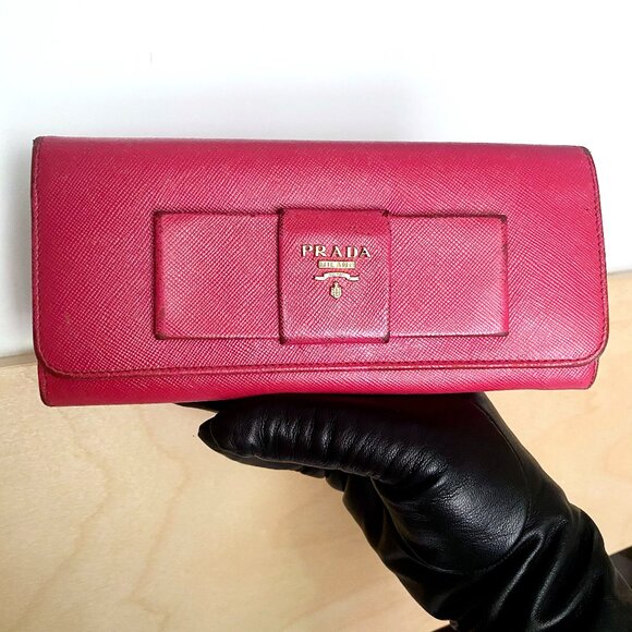 Prada Pink Saffiano Leather Flap Long Wallet with Bow - Picture 1 of 11